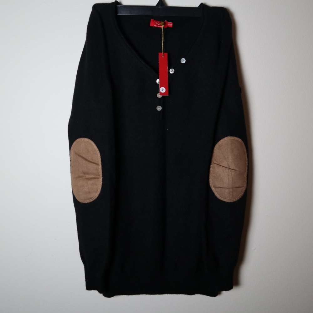 Black cashmere sweater with faux suede elbow patches